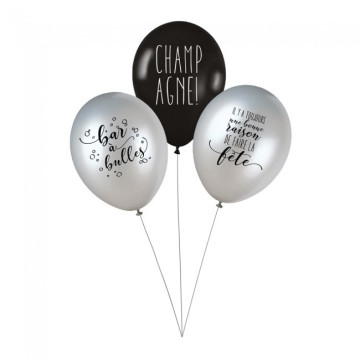 Lot de 3 ballons bar à champagne en latex argent métallisé et noir