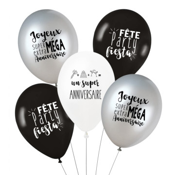 Lot de 5 ballons super anniversaire en latex noir et argent