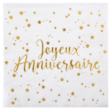 Lot de 20 serviettes Joyeux Anniversaire doré