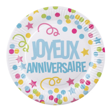 Lot de 6 assiettes joyeux anniversaire multicolore