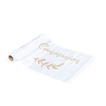 Chemin de table communion satin blanc et champagne 28 cm x 5 m