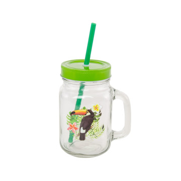 Mason jar Toucan avec couvercle et paille vert foncé