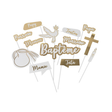 Kit photobooth baptême 13 pièces blanc/or