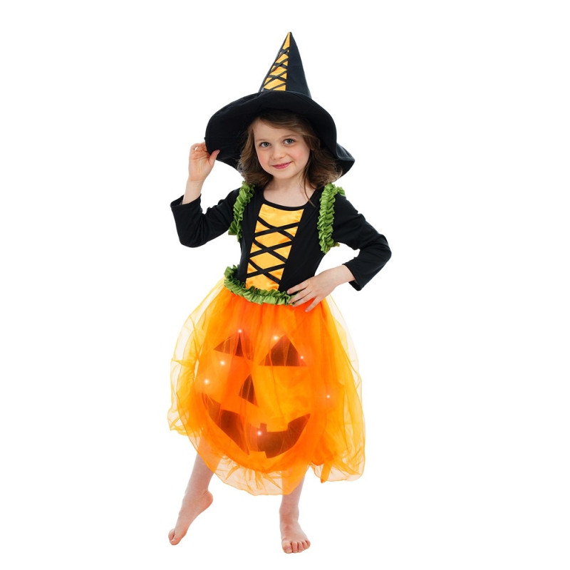 Déguisement robe Citrouille leds avec chapeau fille Halloween5/6 ans