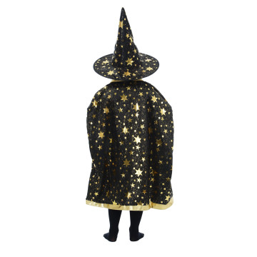 Cape enfant sorcier noire avec des étoiles en or 72 cm