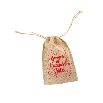 Sac en jute Bonnes et Heureuses fêtes 12 x 15 cm