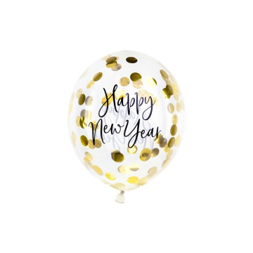 Lot de 3 ballons latex Happy New Year confettis or 30 cm