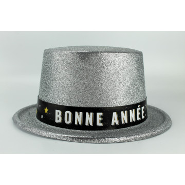 Chapeau pailleté argent avec bandeau Bonne Année