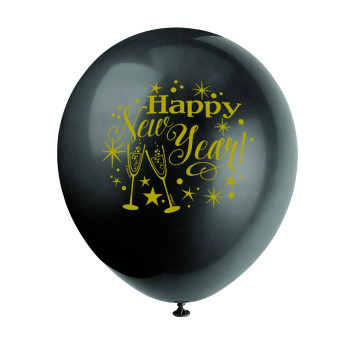Lot de 6 ballons latex noir Happy New Year