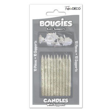 10 bougies anniversaire pailletées avec support blanches