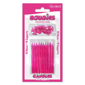 10 bougies anniversaire pailletées avec support fuschia