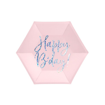 Lot de 6 assiettes carton rose Happy Birthday iridescent 20 cm