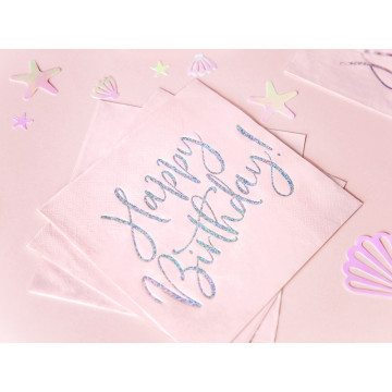 Lot de 20 serviettes papier rose Happy Birthday iridescent 33 x 33 cm