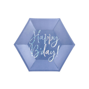 Lot de 6 assiettes carton bleu Happy Birthday iridescent 20 cm