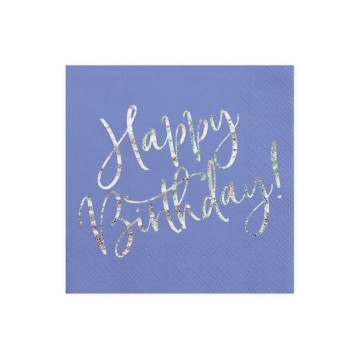 Lot de 20 serviettes papier bleu Happy Birthday iridescent 33 x 33 cm