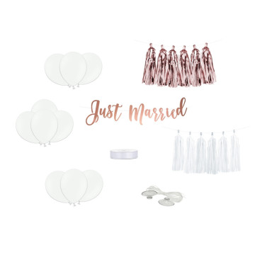 Kit voiture Just married rose gold et blanc 15 pièces