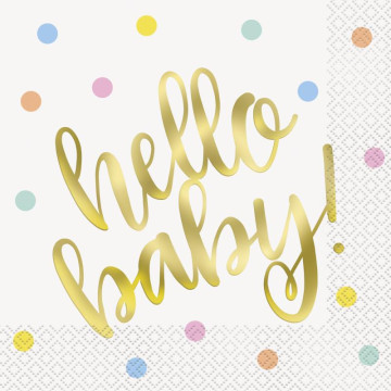 Lot de 16 serviettes en papier Body Hello Baby écriture or 33 x 33 cm