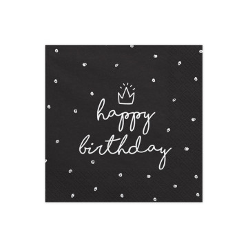 Lot de 20 serviettes en papier noir Happy Birthday 33 x 33 cm