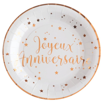 Lot de 10 assiettes rose gold Joyeux Anniversaire 22,5 cm