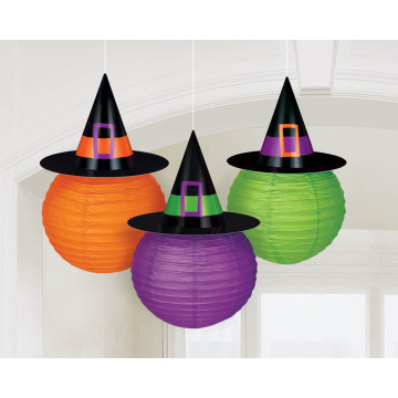 Lot de 3 Lanternes chapeau de sorcière Halloween