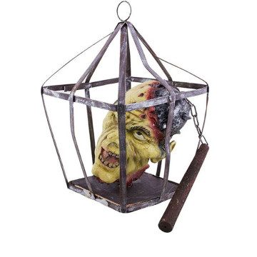 Suspension déco Halloween avec tête dans une cage 45 cm