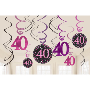 Lot de 12 Guirlandes spirale Sparkling Celebration roses Happy Birthday ''40''