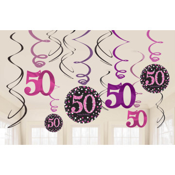 Lot de 12 Guirlandes spirale Sparkling Celebration roses Happy Birthday ''50''