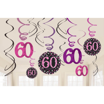 Lot de 12 Guirlandes spirale Sparkling Celebration roses Happy Birthday ''60''
