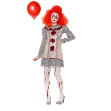 Déguisement clown vintage femme Halloween gris et rouge
