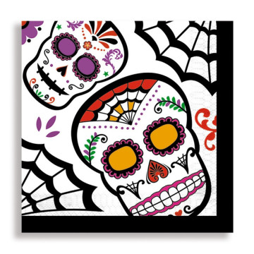 Lot de 12 serviettes jetables Jour des morts Halloween 33 x 33 cm