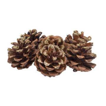 Lot de 6 Pommes de pin Noël  Pailleté or 4 cm