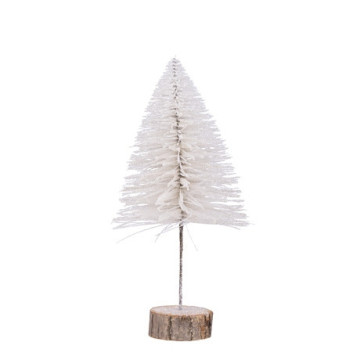 Sapin de Noël Pailleté blanc sur socle bois 18 x 36 cm