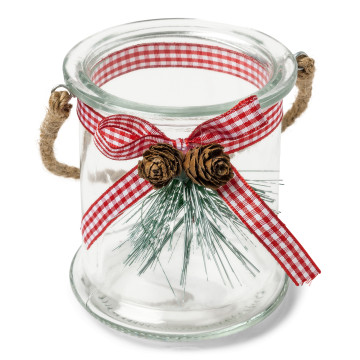 Photophore Noël verre avec sapin et ruban-corde