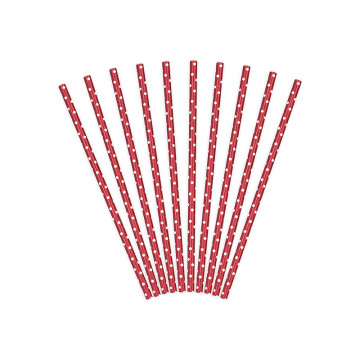 Lot de 10 pailles rouges à pois blancs