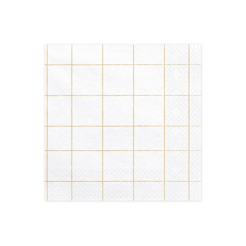 Lot de 20 serviettes blanches carreaux or en papier 33 x 33 cm
