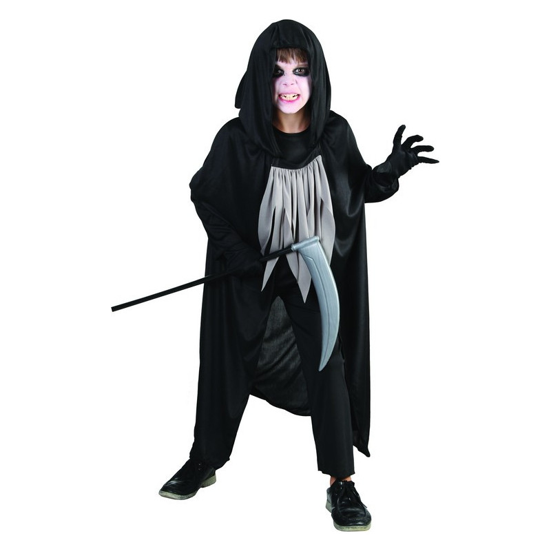 TISMHGKU Déguisement Faucheur Enfant Halloween – Costume Grim Reaper Complet Avec Cape, Capuche, Faux, Chaînes, Gants & Lunettes Lumineuses – 5-14 Ans