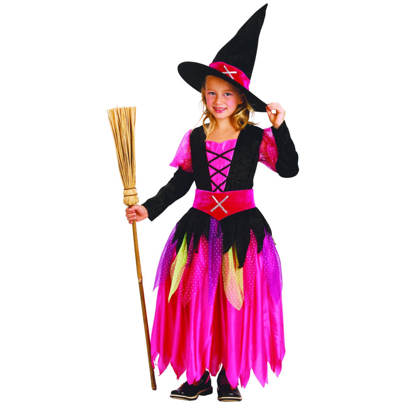 Déguisement Sorcière Fille 130 Cm Avec LED - Robe Lumineuse, Chapeau, Baguette & Sac Bonbons Halloween Enfant