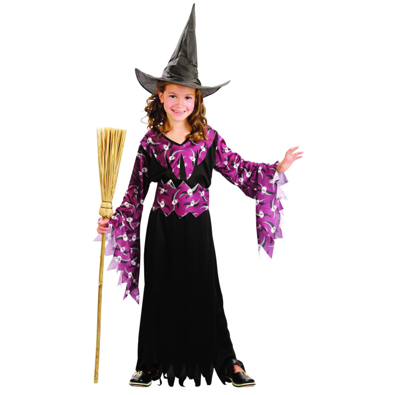 Déguisement Sorcière Halloween Fille - Complet Avec Robe, Chapeau, Sac Et Accessoires - Taille Unique Ajustable