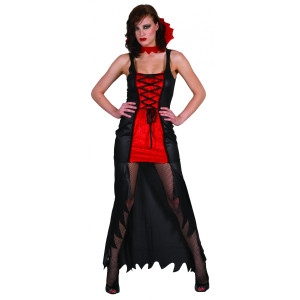 Costume Vampire Femme Pour Halloween - Cape 1,5 M, Capuche Réversible Rouge/noir, Avec Cornes, Trident, Collier, Masque
