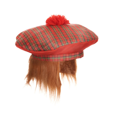 Béret écossais Tartan rouge avec cheveux