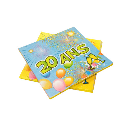 20 Serviettes anniversaire fiesta de 33 cm en papier de 20 ans