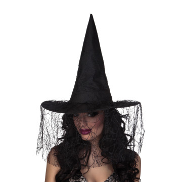 Chapeau femme halloween sorcière noir avec voile araignée