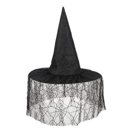 Chapeau femme halloween sorcière noir avec voile araignée