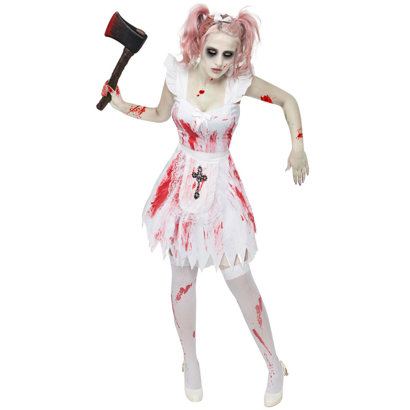 Déguisement Zombie Fille – Costume Horreur Avec Marteau Gonflable, Tatouage Cicatrice, Chaussette Et Serre-Tête – Halloween