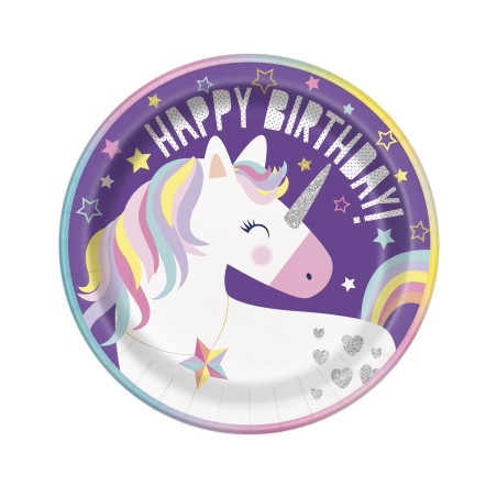 8 Assiettes licorne party de 23 cm happy Birthday en carton