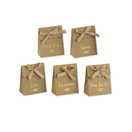 10 Boîtes kraft de 7 x 8,5 cm mots dorés stickers et rubans