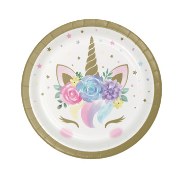 8 Petites assiettes de 18 cm en carton licorne féerique blanches