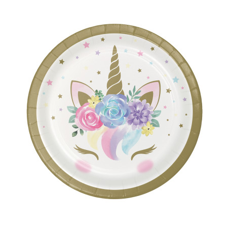 8 Petites assiettes de 18 cm en carton licorne féerique blanches