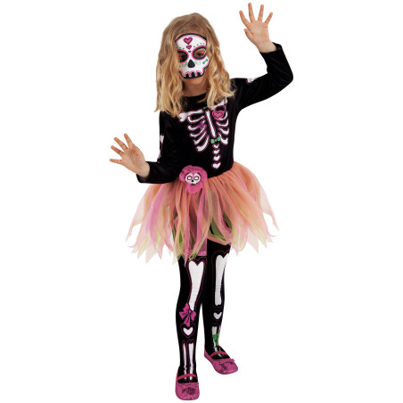 Déguisement Miss Dia de los Muertos avec masque et collants fille Déguisement Miss Dia de los Muertos avec masque et collants fille