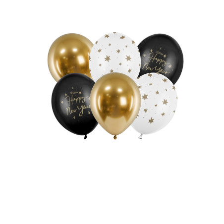 Lot de 6 ballons Happy New Year noir et or